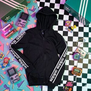 Retro Adidas Logo Sleeve Zip Up Hoodie Black Small
